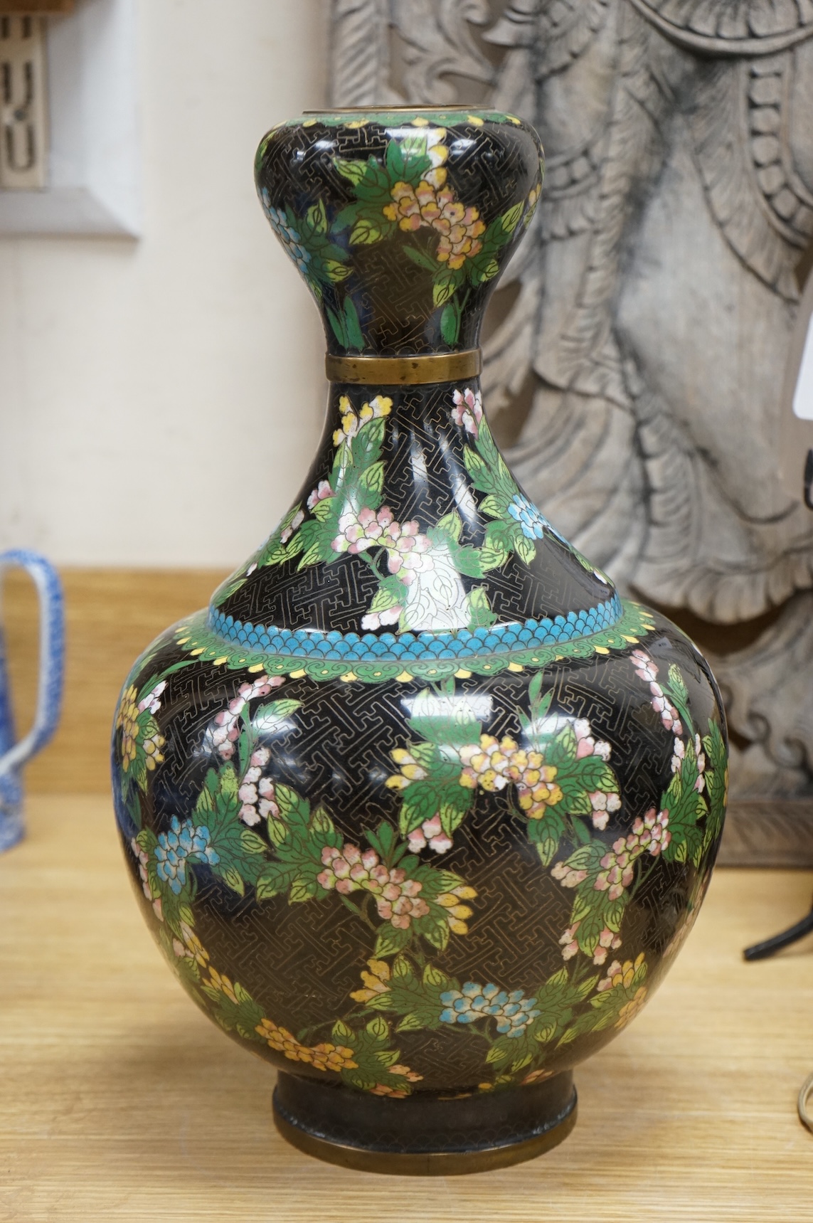 An early 20th century Chinese cloisonné enamel garlic mouth vase, 37cm high